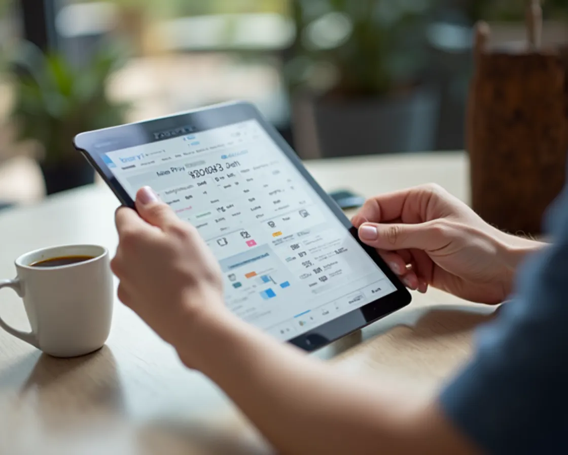 Person comparing NordVPN subscription plans on a tablet at a cafe table, illustrating the pricing comparison process