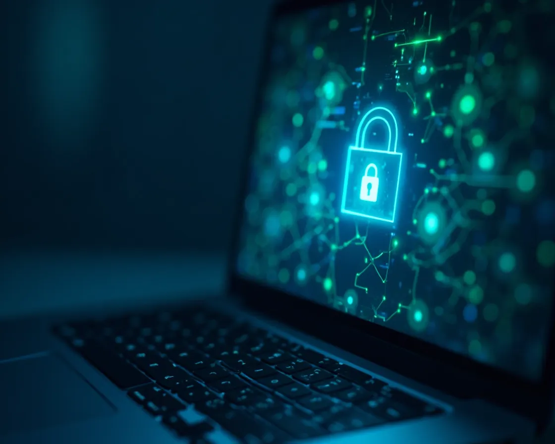 Laptop screen displaying a glowing digital VPN security shield and padlock icon symbolizing an encrypted connection