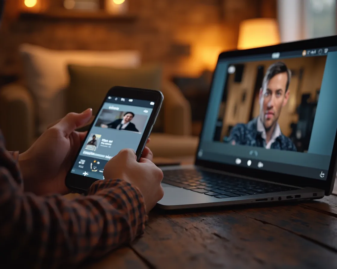 Smartphone and laptop displaying a streaming video app in a cozy living room, illustrating unblocked streaming access while traveling