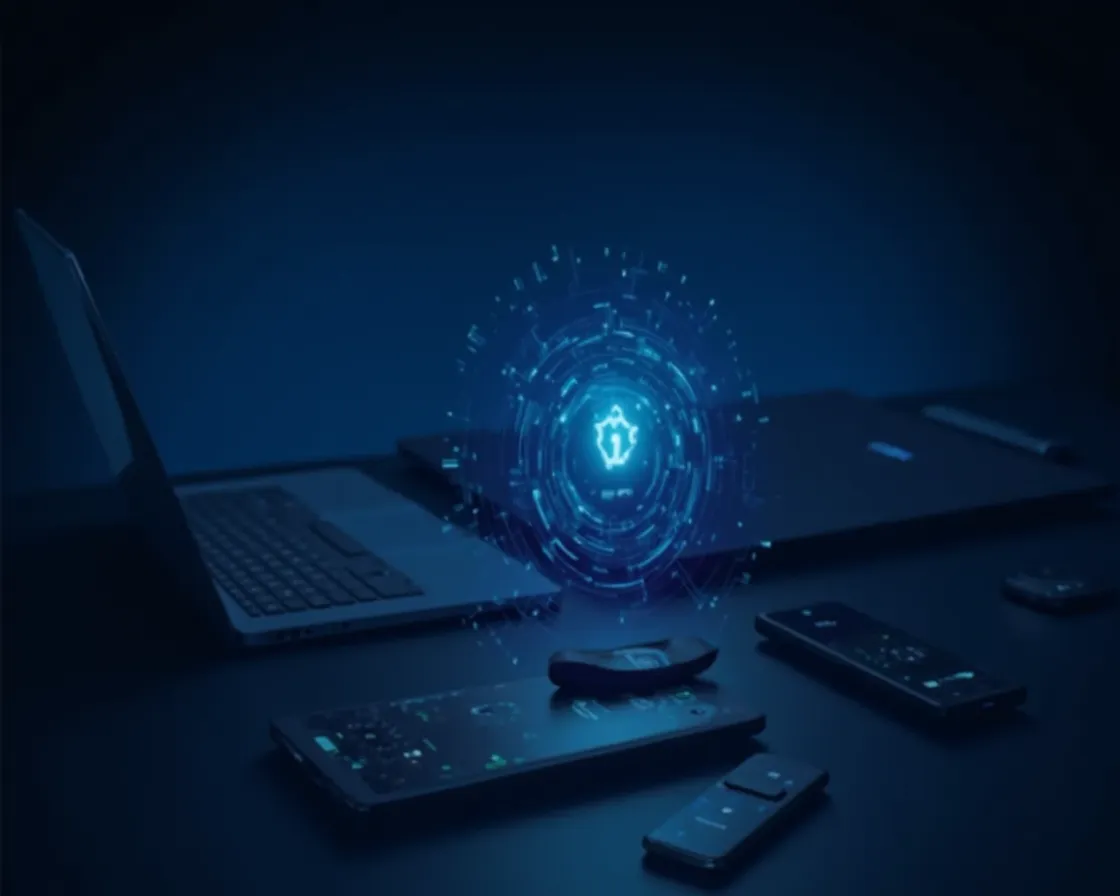 Laptop, tablet, smartphone, and smart TV remote connected by a glowing digital shield icon, representing unlimited simultaneous VPN connections
