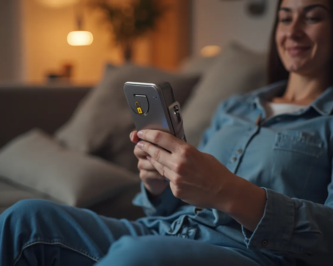 Person relaxing on a couch checking a VPN subscription price on a smartphone