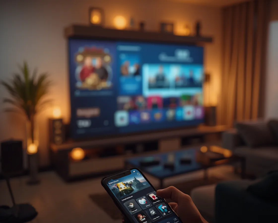 Smart TV and smartphone displaying streaming app icons in a living room, illustrating unblocked streaming access with Proton VPN